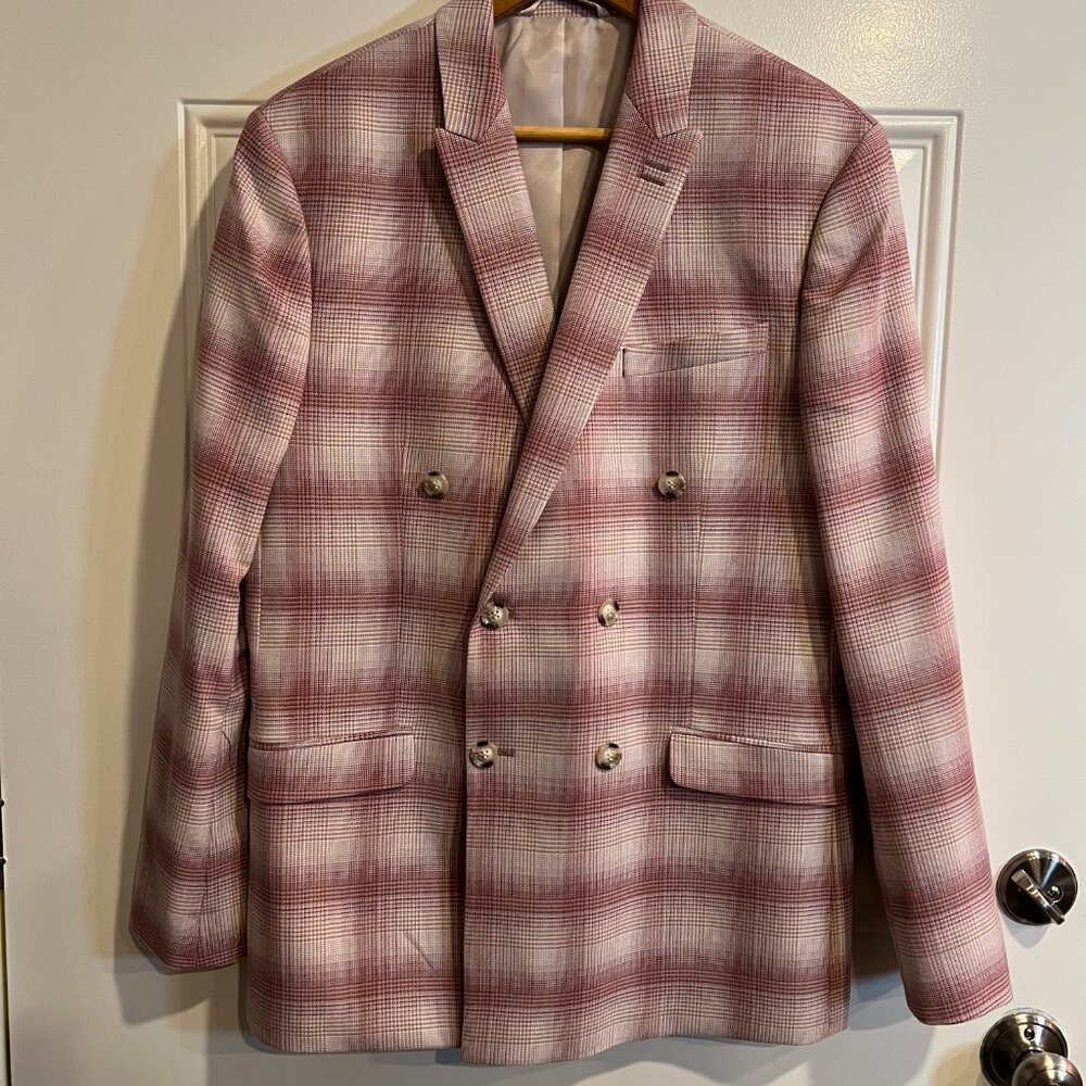 Topman Pink and White Plaid Double Breasted Jacket, Men's 40R